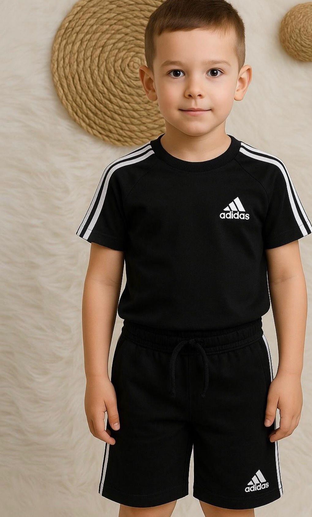 ORJİNAL MARKA KOLLARI ÇİZGİLİ ŞORTLU TAKIM-SİYAH