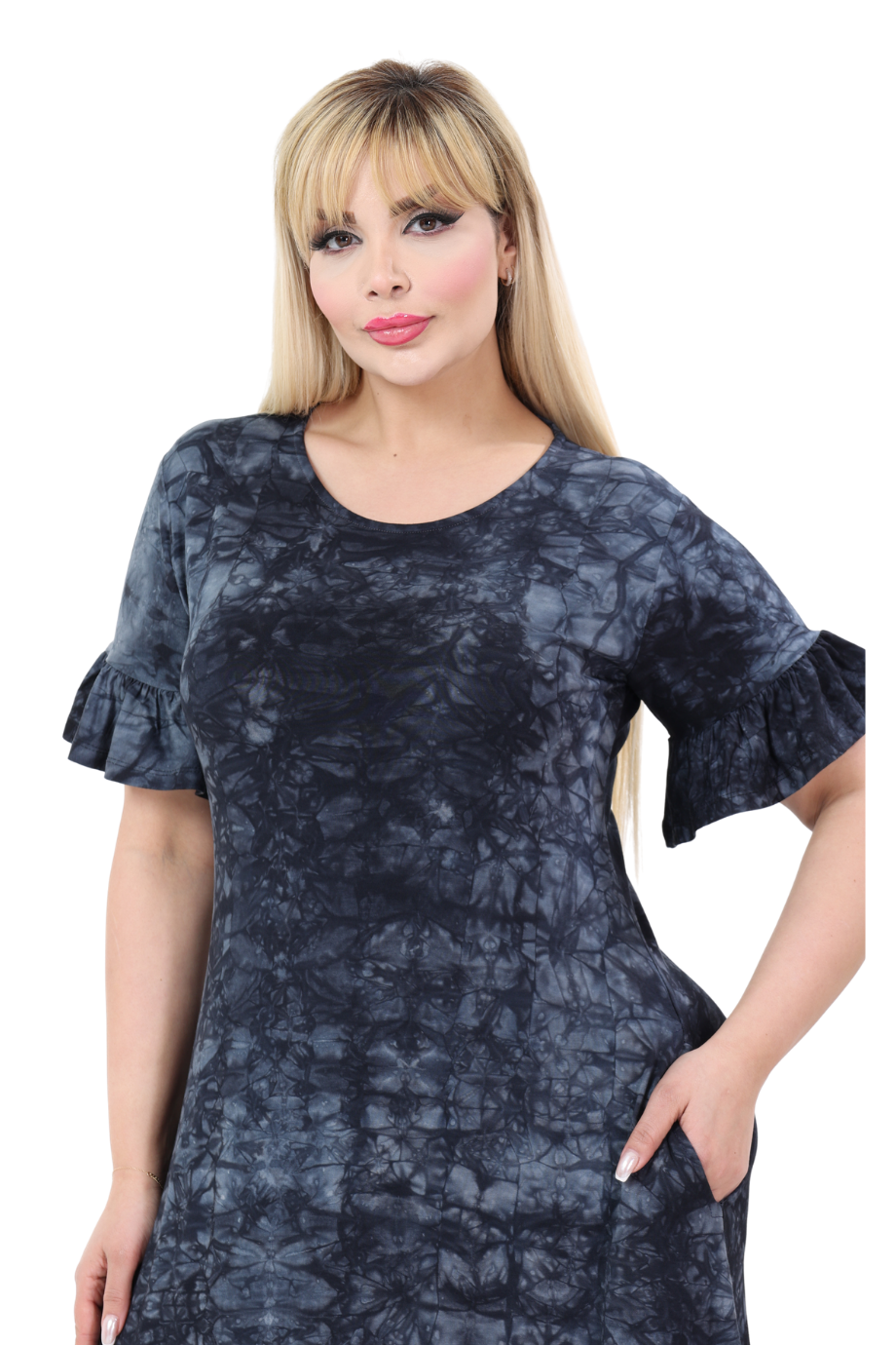 Melsay Butik Antrasit Batik Yıkamalı Fırfırlı Cepli Kısa Kollu Kadın Midi Elbise