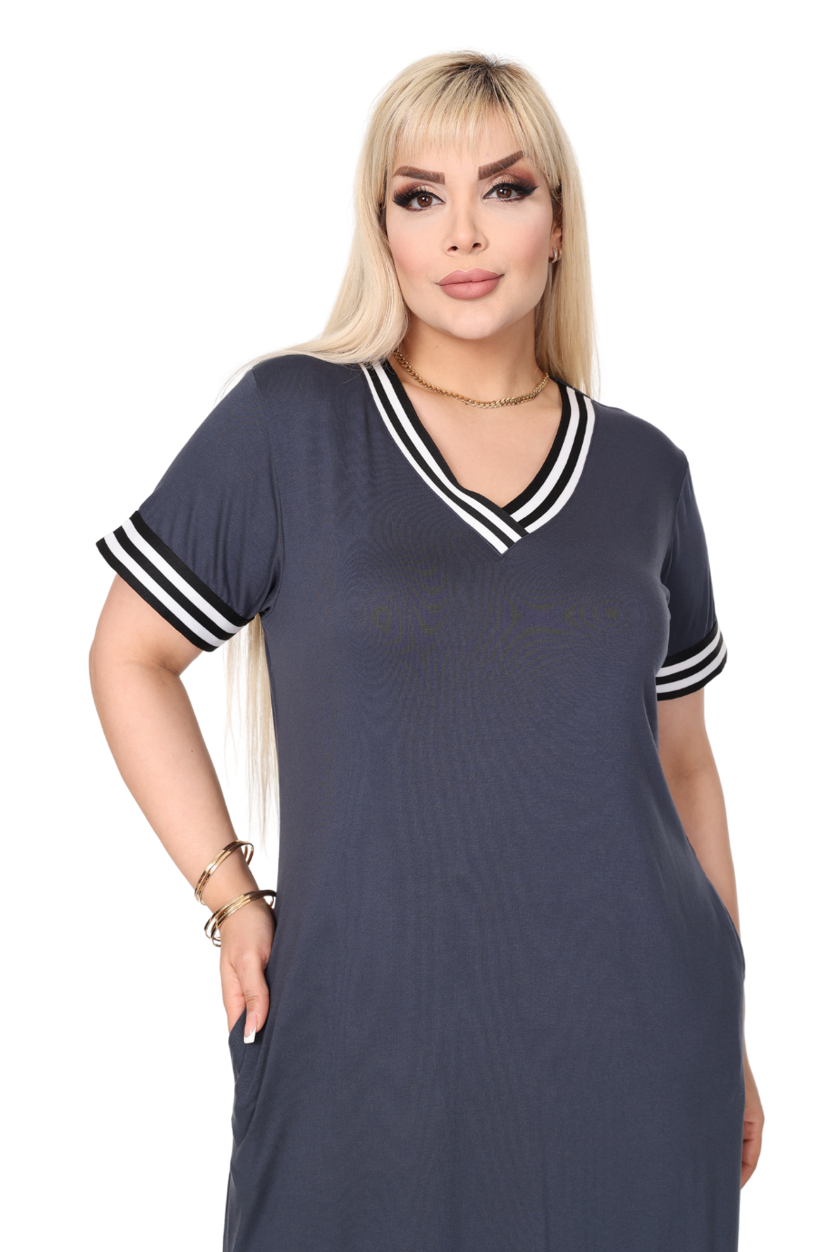 Melsay Butik Antrasit Yakası Şeritli V Yaka Midi Elbise
