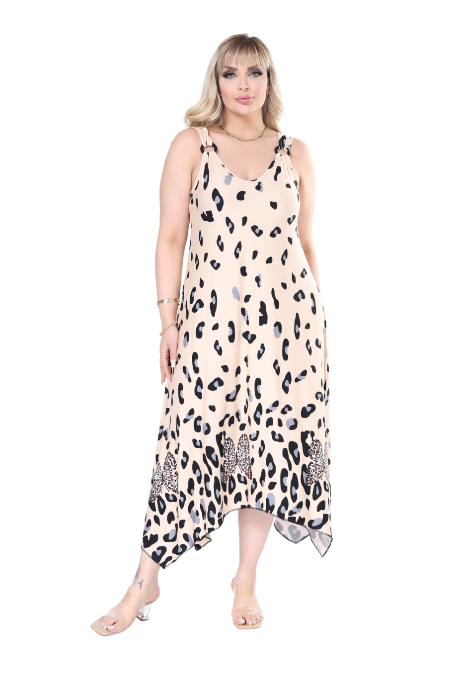 Melsay Butik Askılı V Yaka Bej Sulu Leopar Desen Elbise
