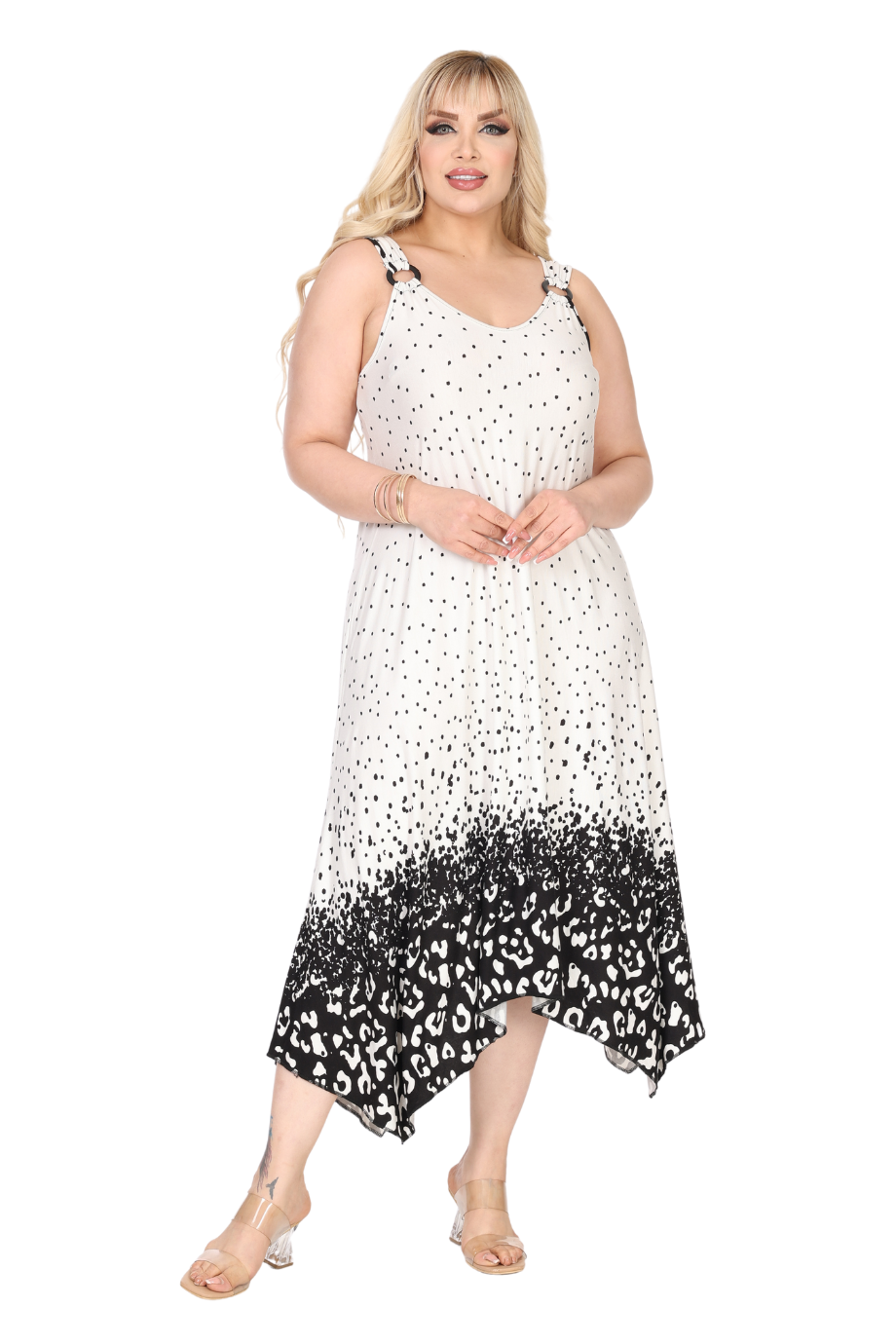 Melsay Butik Askılı V Yaka Beyaz Puanlı Eteği Leopar Desen Elbise