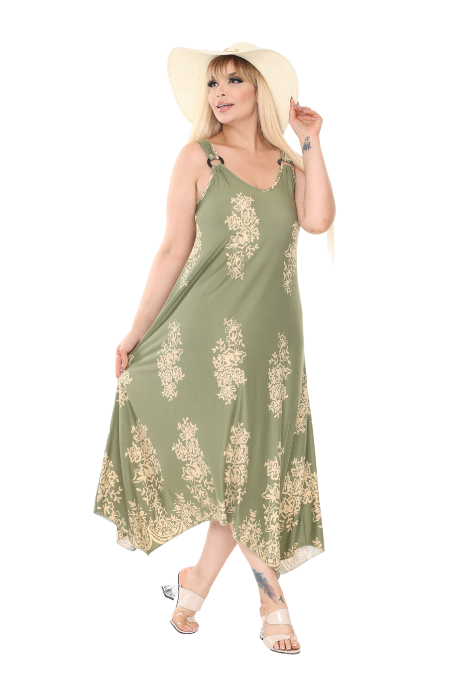 Melsay Butik Askılı V Yaka Haki Pano Desen Elbise