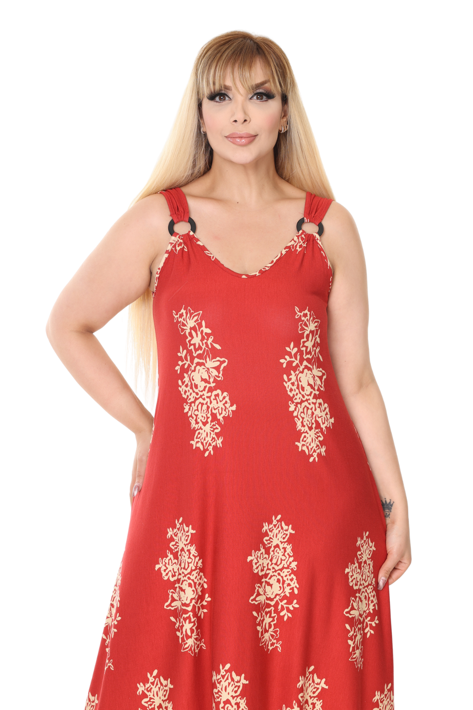 Melsay Butik Askılı V Yaka Narçiçeği Pano Desen Elbise
