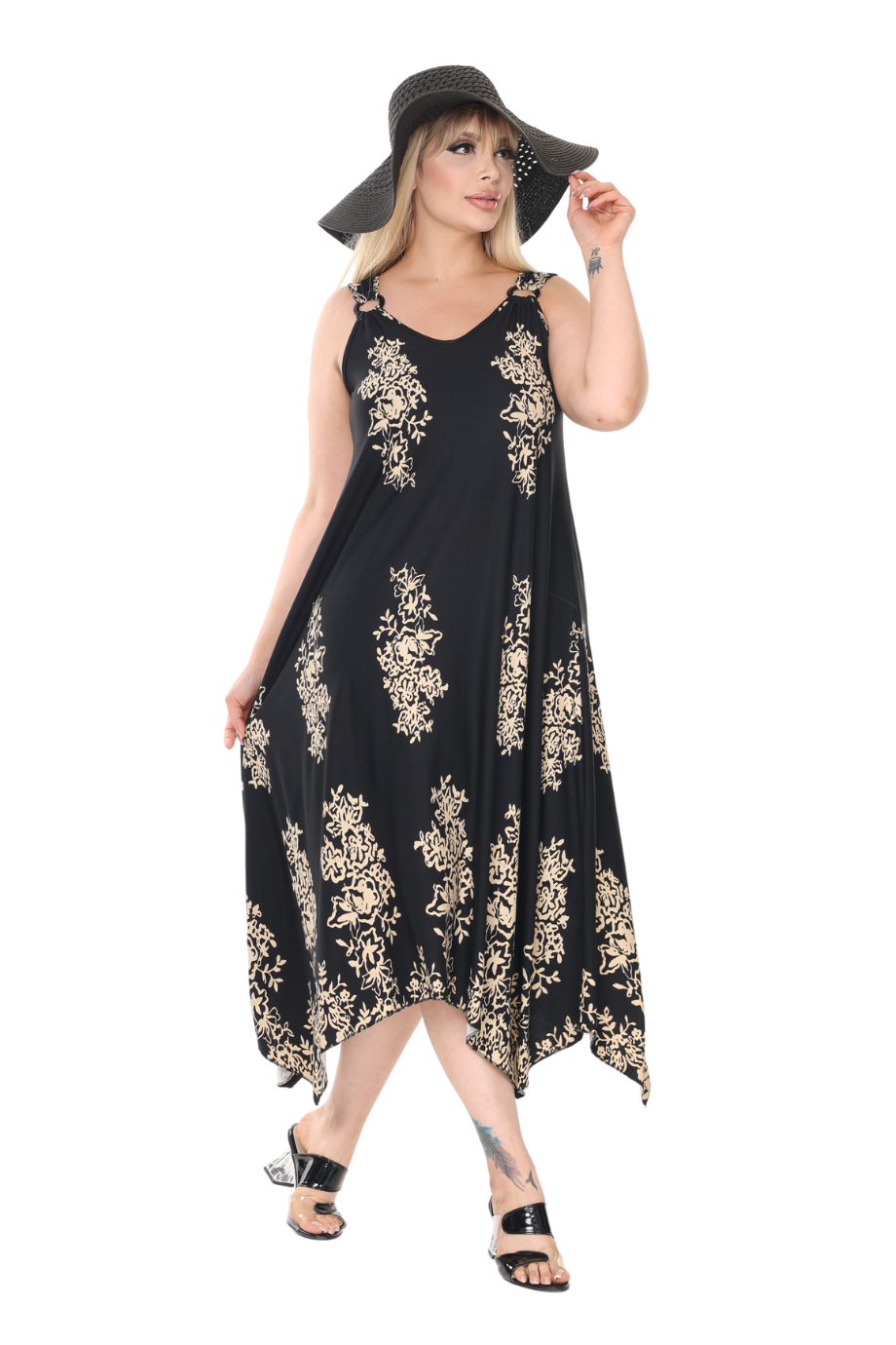 Melsay Butik Askılı V Yaka Siyah Pano Desen Elbise