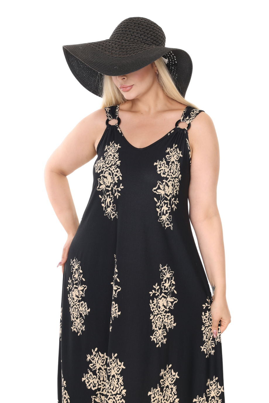 Melsay Butik Askılı V Yaka Siyah Pano Desen Elbise