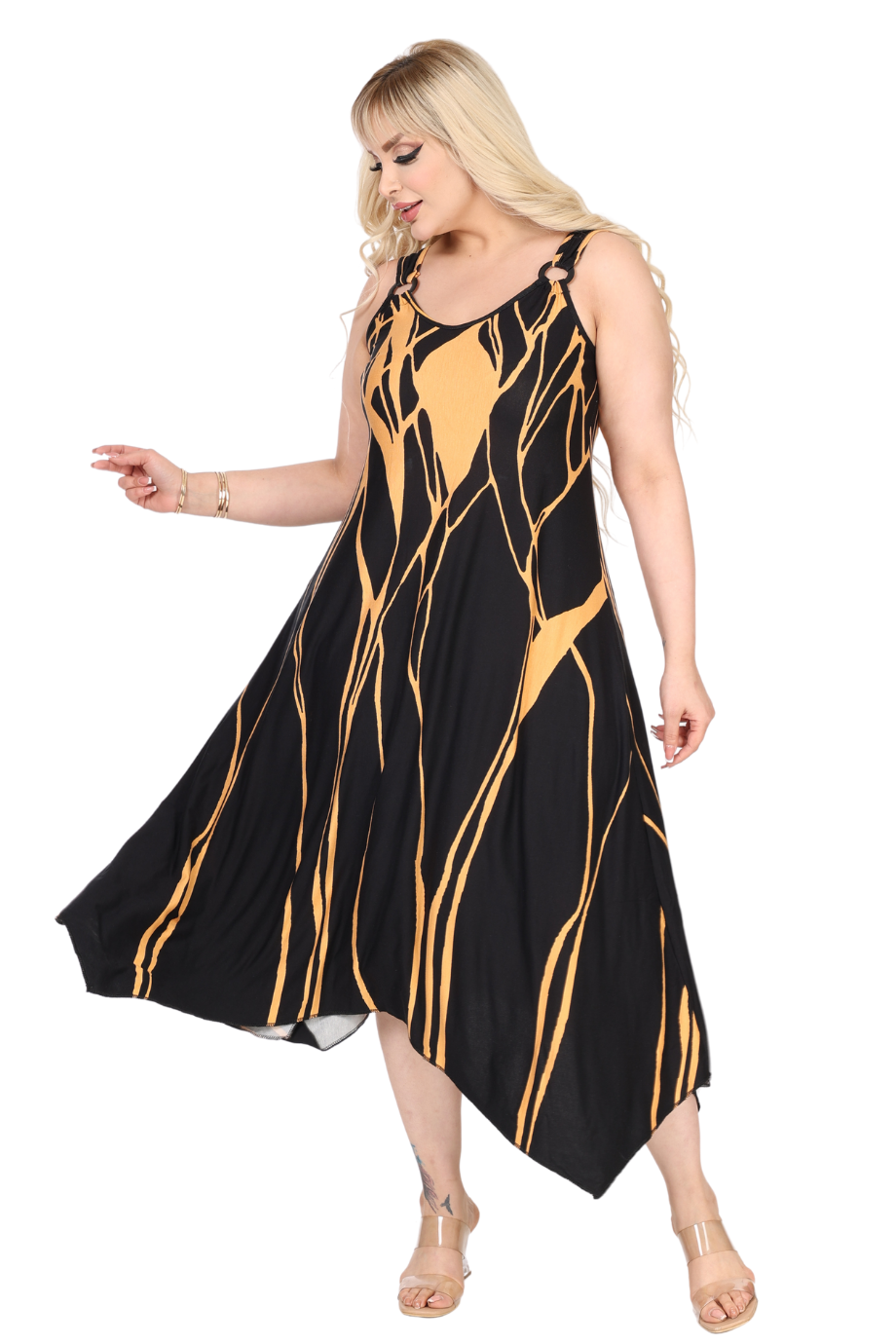 Melsay Butik Askılı V Yaka Toka Detaylı Sarı Lav Desen Elbise