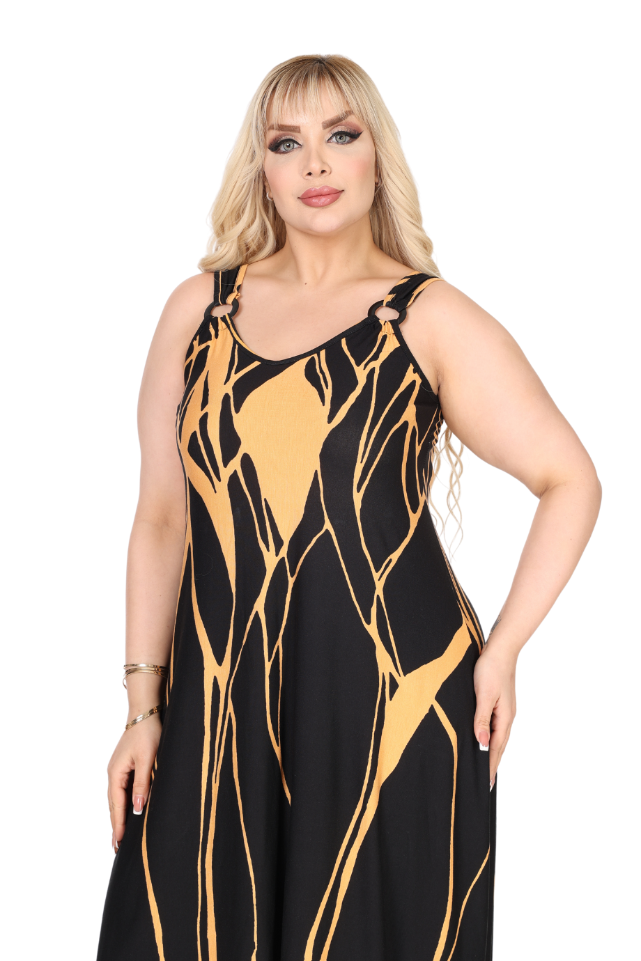 Melsay Butik Askılı V Yaka Toka Detaylı Sarı Lav Desen Elbise