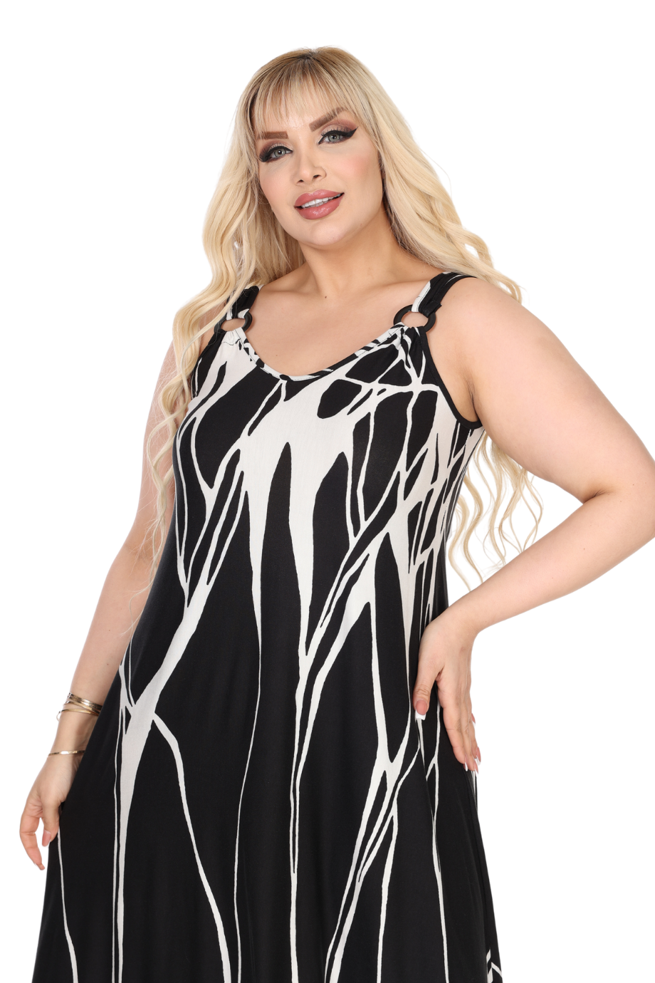 Melsay Butik Askılı V Yaka Toka Detaylı Beyaz Lav Desen Elbise