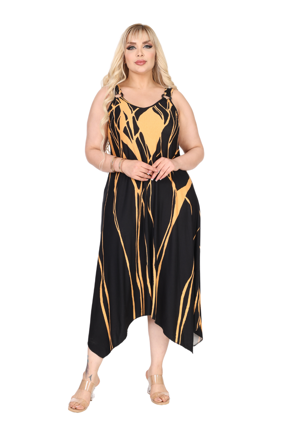Melsay Butik Askılı V Yaka Toka Detaylı Sarı Lav Desen Elbise