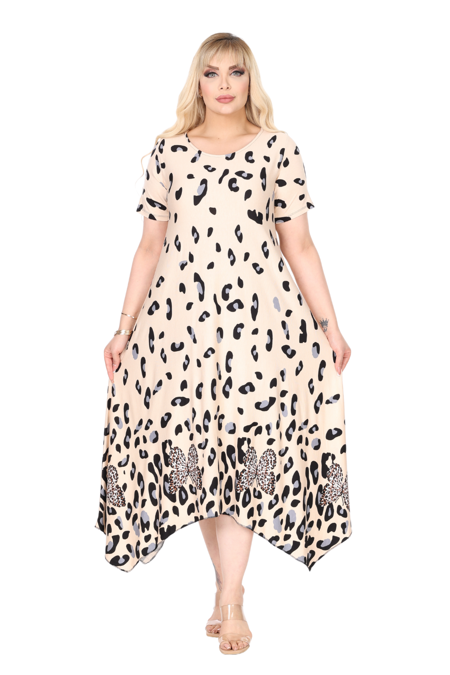 Melsay Butik Bej Sulu Leopar Desenli Asimetrik Kısa Kollu Elbise