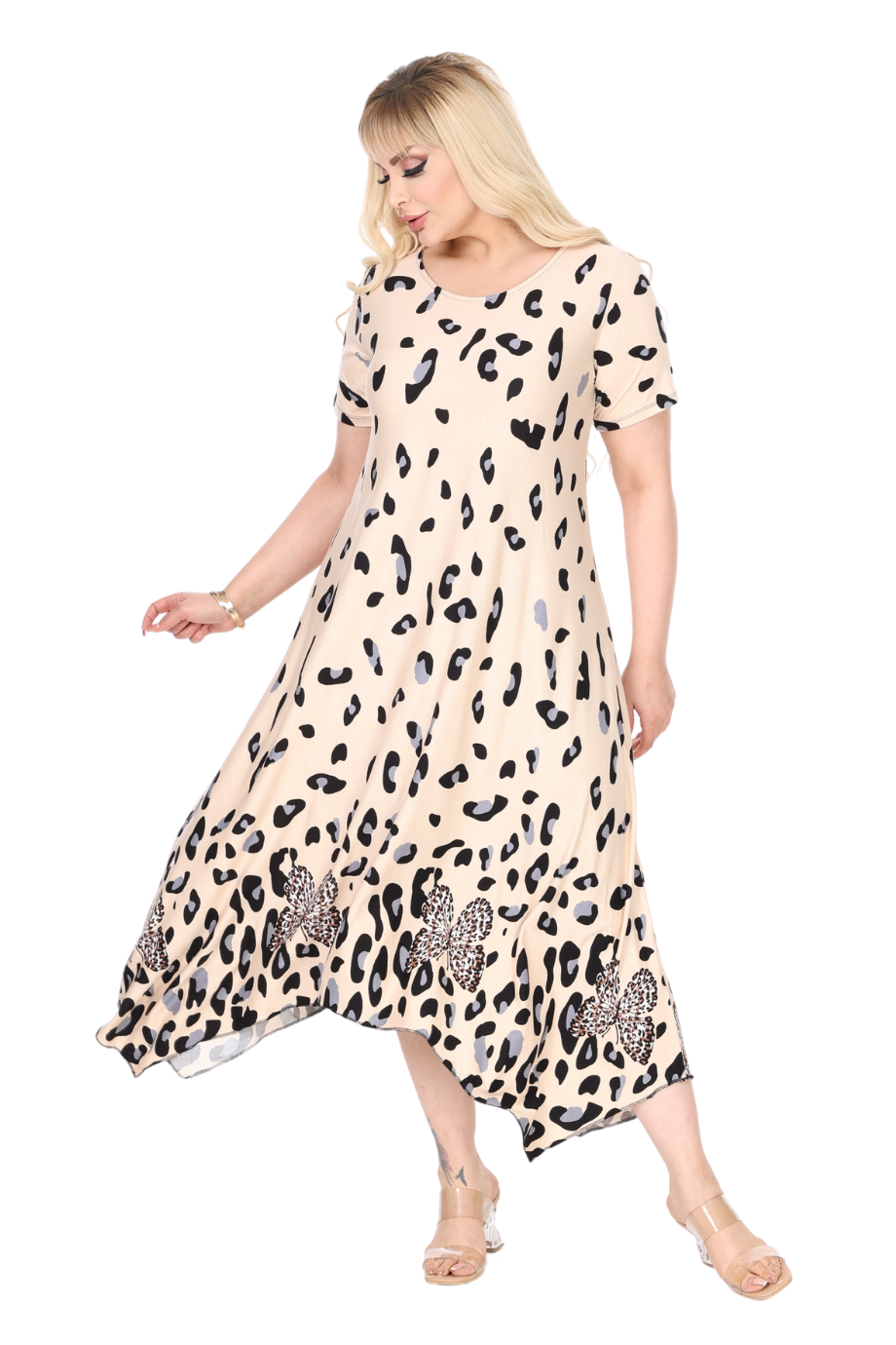 Melsay Butik Bej Sulu Leopar Desenli Asimetrik Kısa Kollu Elbise