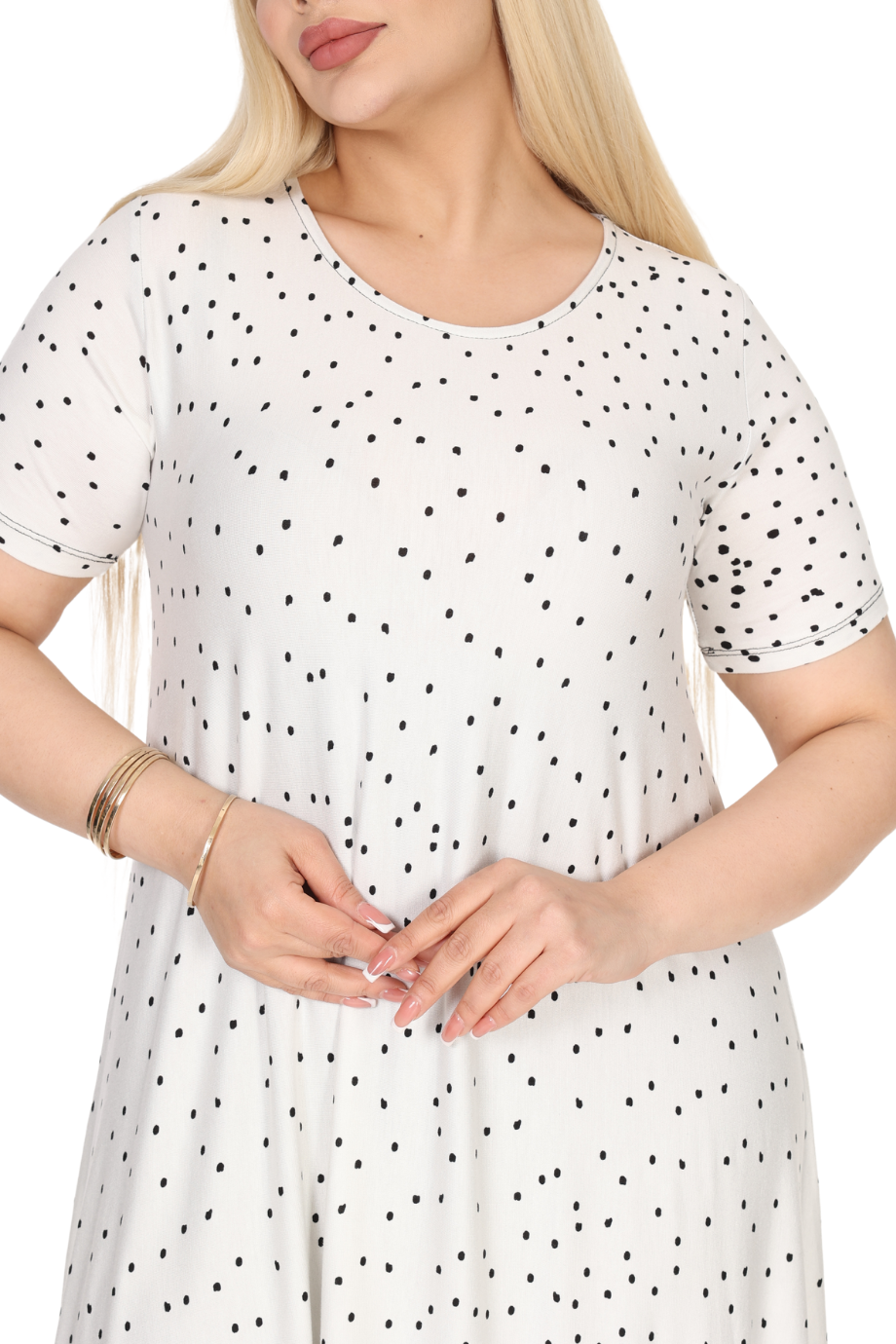 Melsay Butik Beyaz Puanlı Eteği Leopar Desen Asimetrik Kısa Kollu Elbise