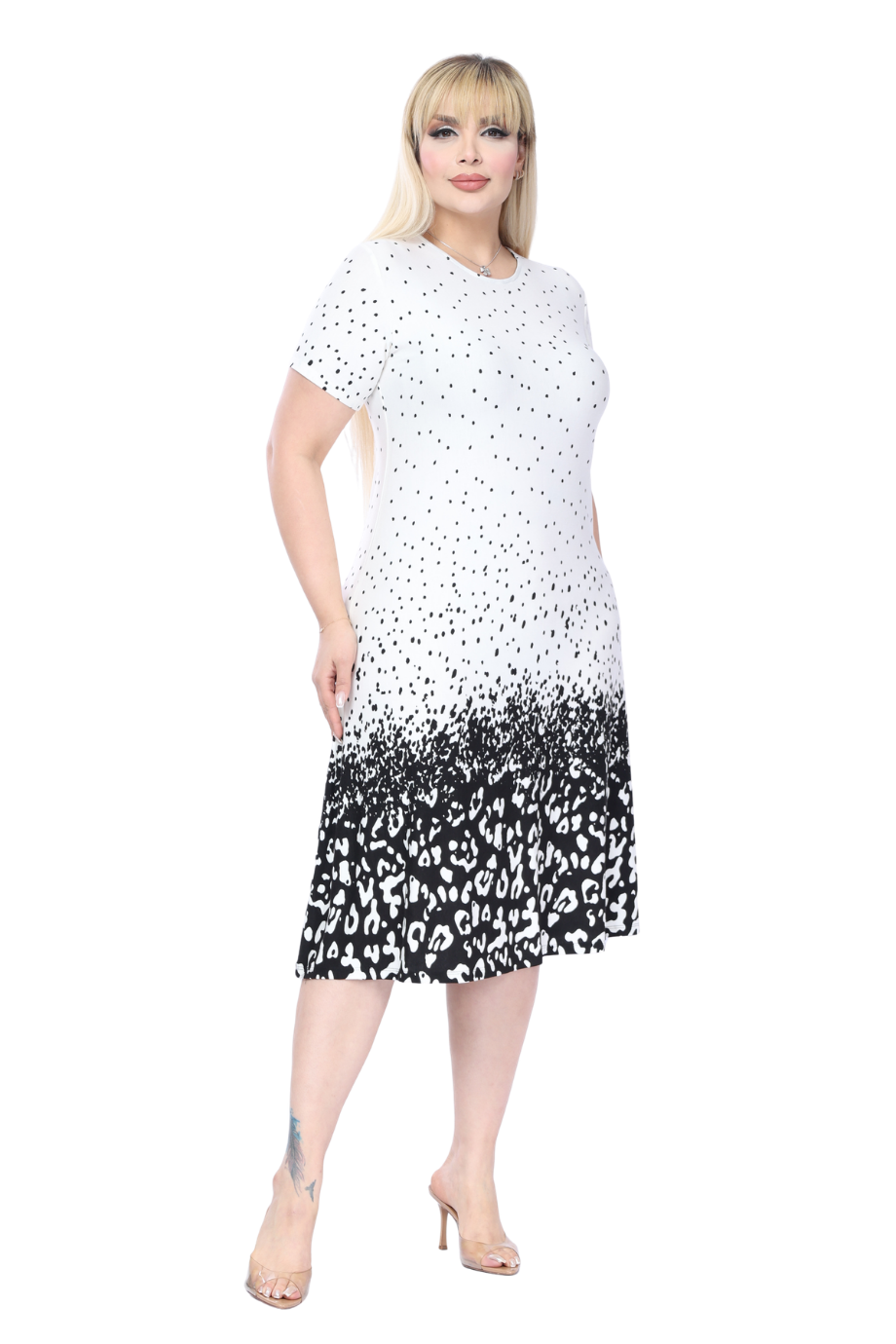 Melsay Butik Beyaz Puanlı Leopar Desen A Kesim Midi Elbise