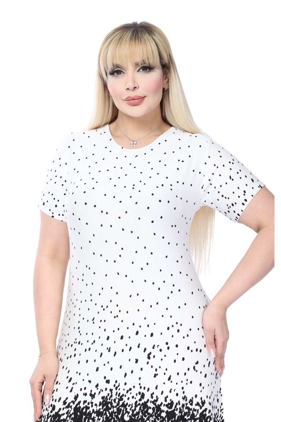 Melsay Butik Beyaz Puanlı Leopar Desen A Kesim Midi Elbise