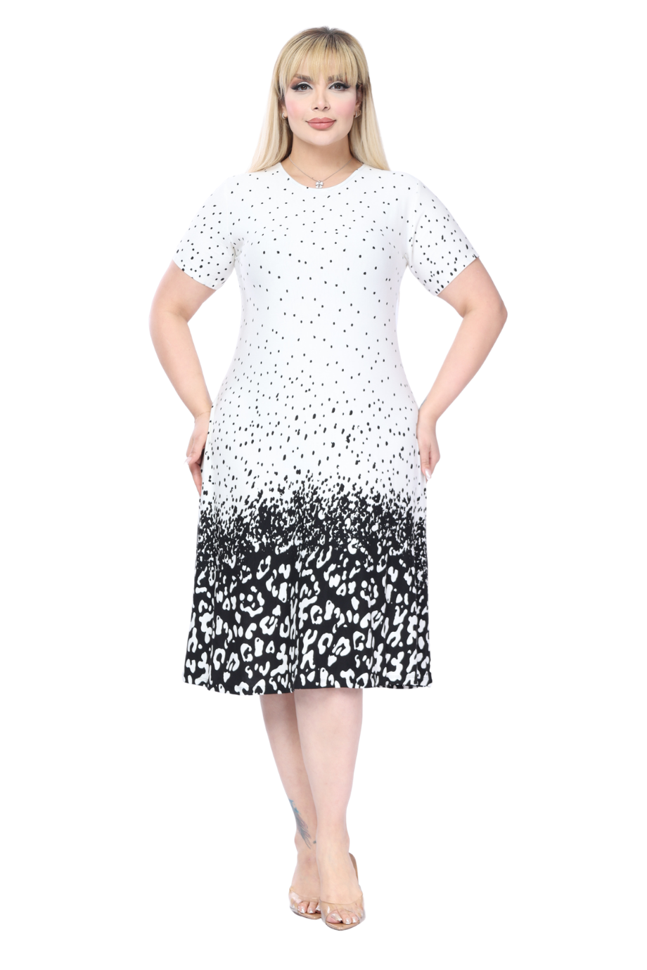 Melsay Butik Beyaz Puanlı Leopar Desen A Kesim Midi Elbise