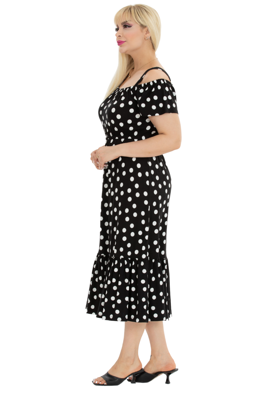 Melsay Butik Beyaz Puantiye Desen Madonna Yaka Askılı Midi Elbise
