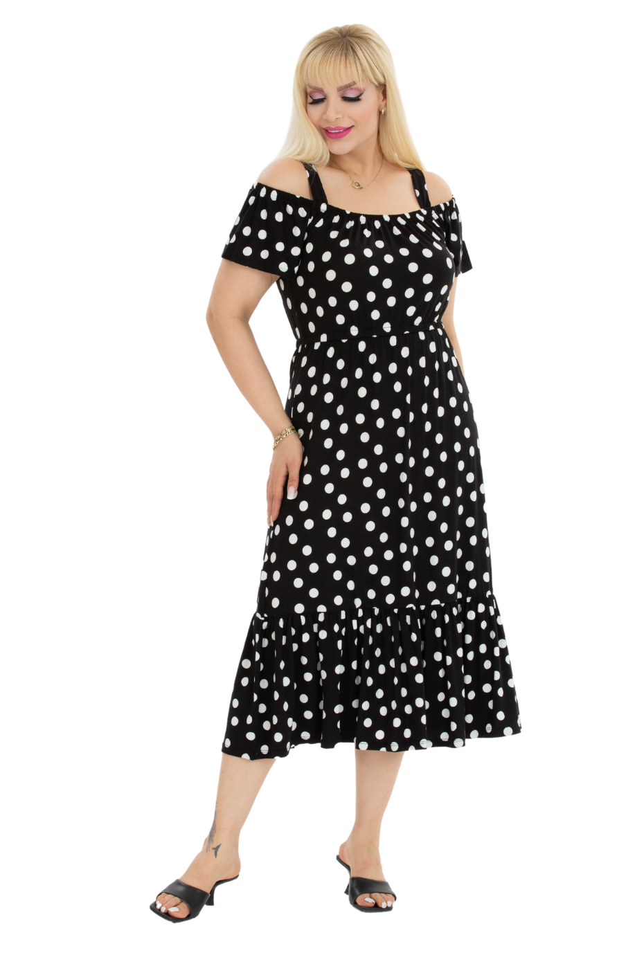 Melsay Butik Beyaz Puantiye Desen Madonna Yaka Askılı Midi Elbise
