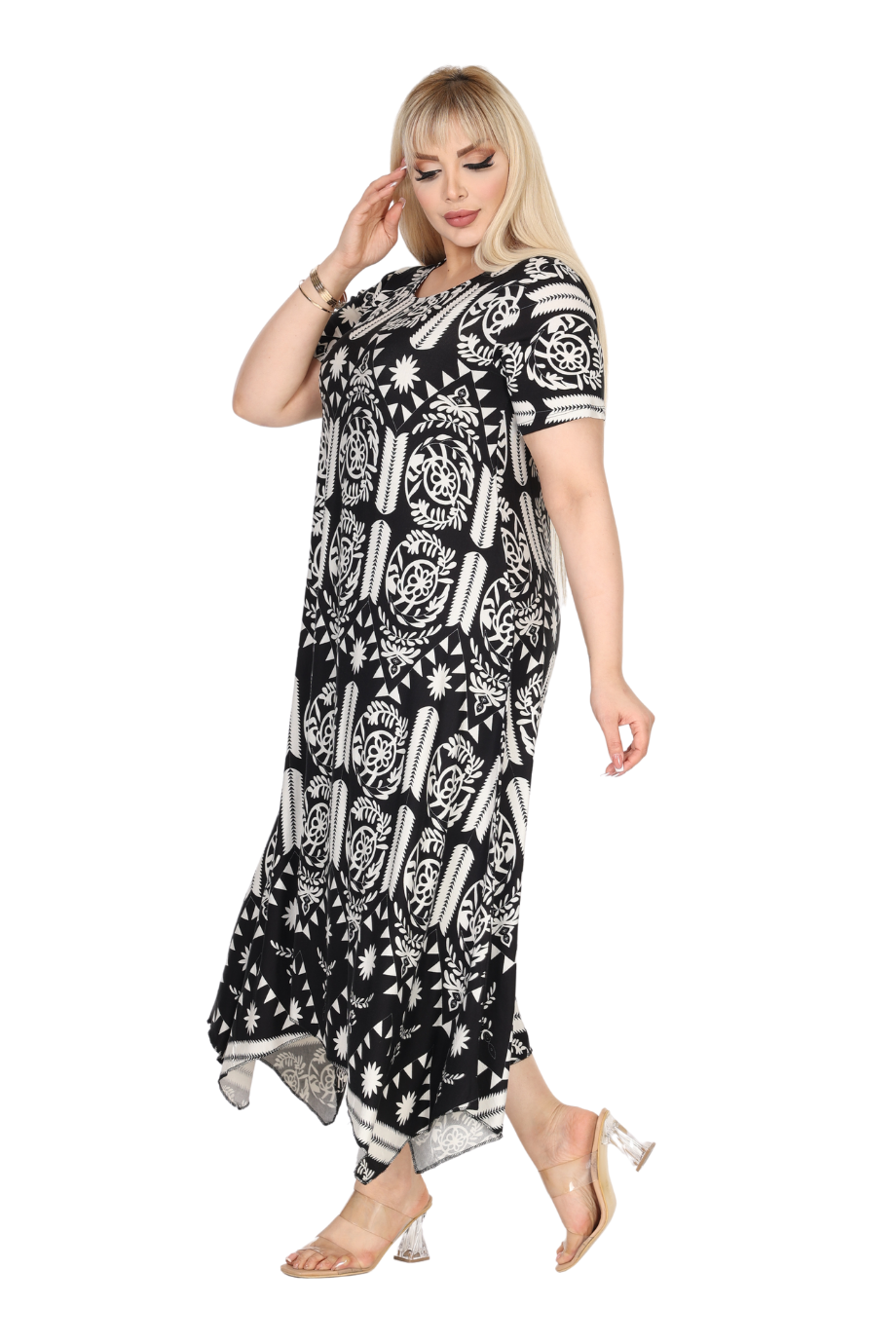 Melsay Butik Beyaz Retro Desen Asimetrik Kısa Kollu Elbise