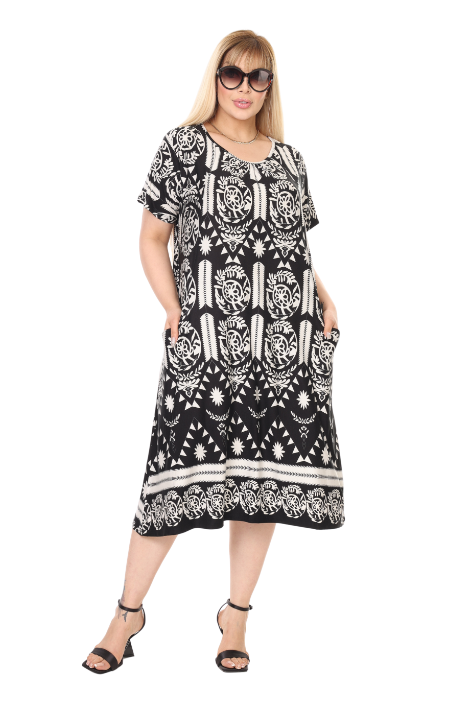 Melsay Butik Beyaz Retro Desen Kuplu Cepli Kısa Kol Kadın Midi Elbise