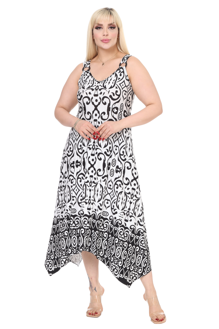 Melsay Butik Beyaz Siyah Kilim Desen Askılı V Yaka Elbise