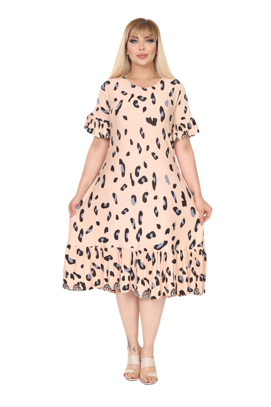 Melsay Butik Büyük Beden Eteği Fırfırlı Bej Leopar Desen Cepli Elbise