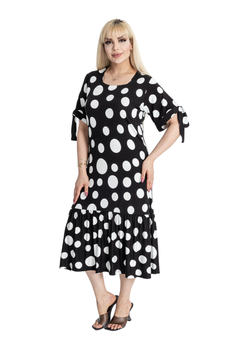 Melsay Butik Büyük Puanlı Kolları Bağlamalı Kısa Kollu Kadın Midi Elbise