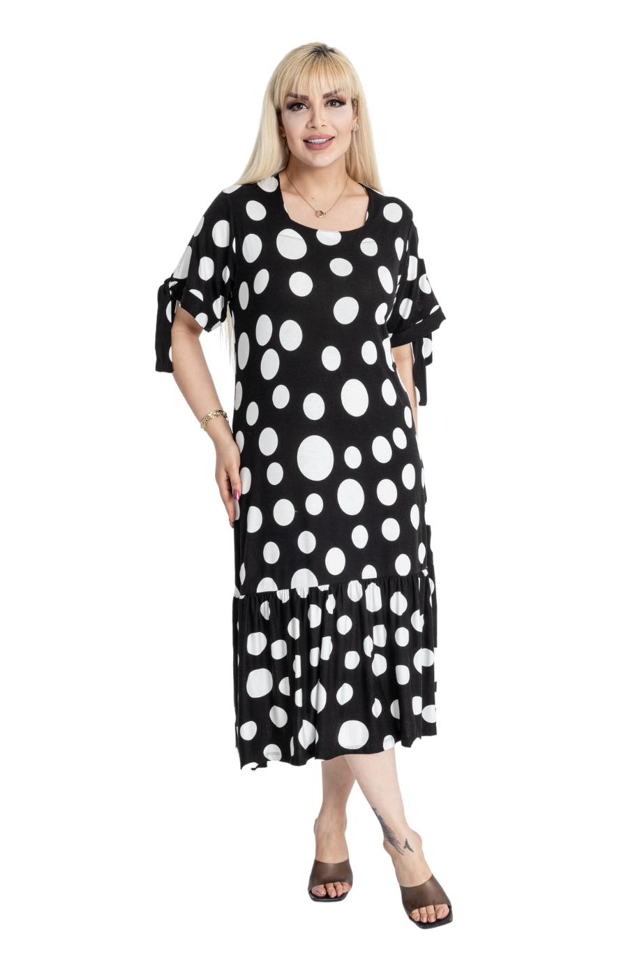 Melsay Butik Büyük Puanlı Kolları Bağlamalı Kısa Kollu Kadın Midi Elbise