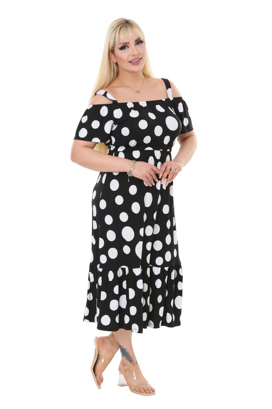 Melsay Butik Büyük Puanlı Madonna Yaka Askılı Midi Elbise