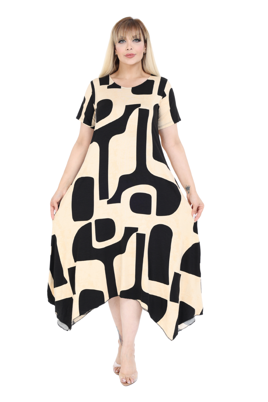 Melsay Butik Ekru Picasso Desen Asimetrik Kısa Kollu Elbise