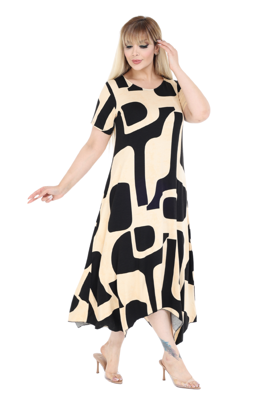 Melsay Butik Ekru Picasso Desen Asimetrik Kısa Kollu Elbise