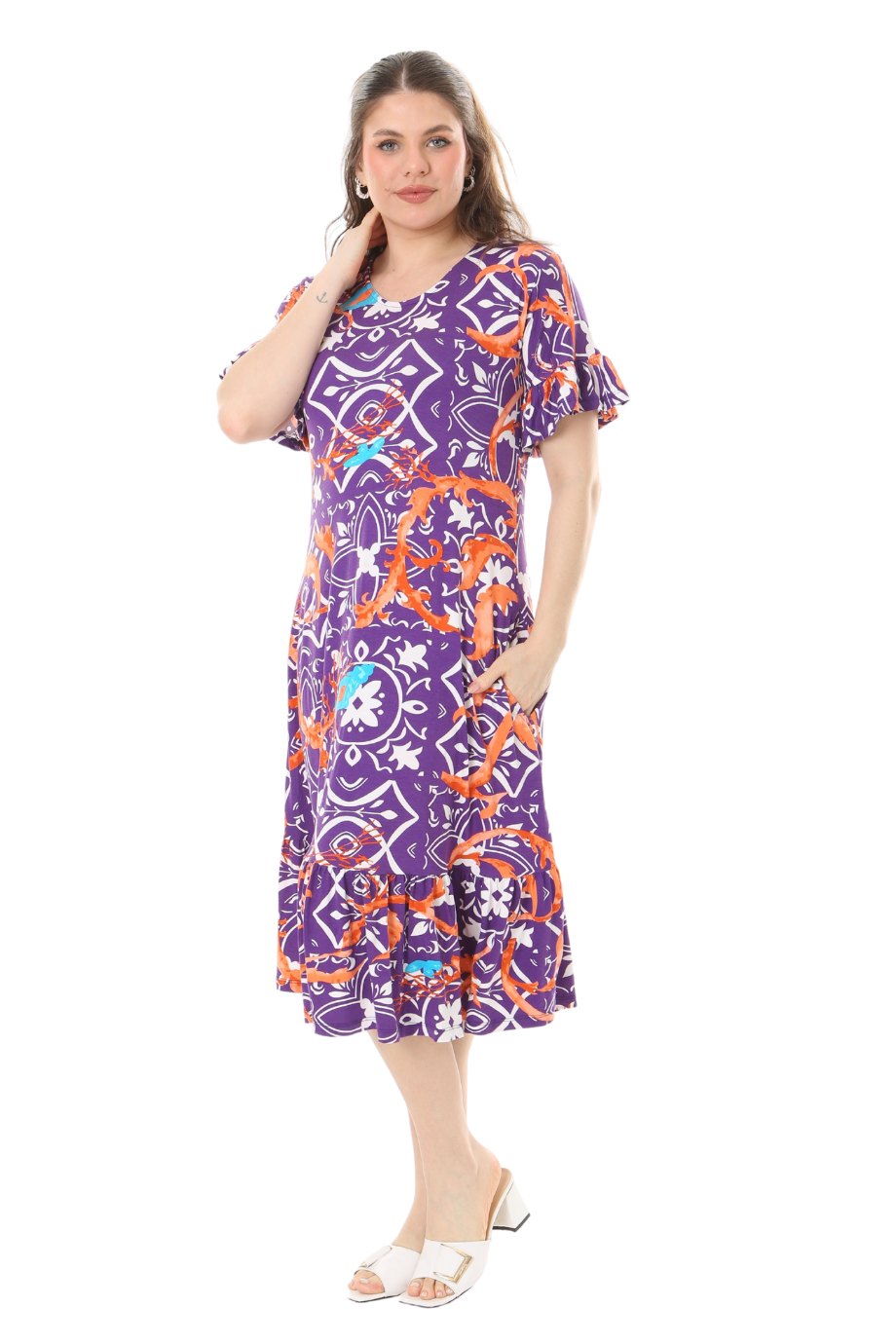 Melsay Butik Fırfırlı Cepli Kısa Kollu Mor Retro Desenli Elbise