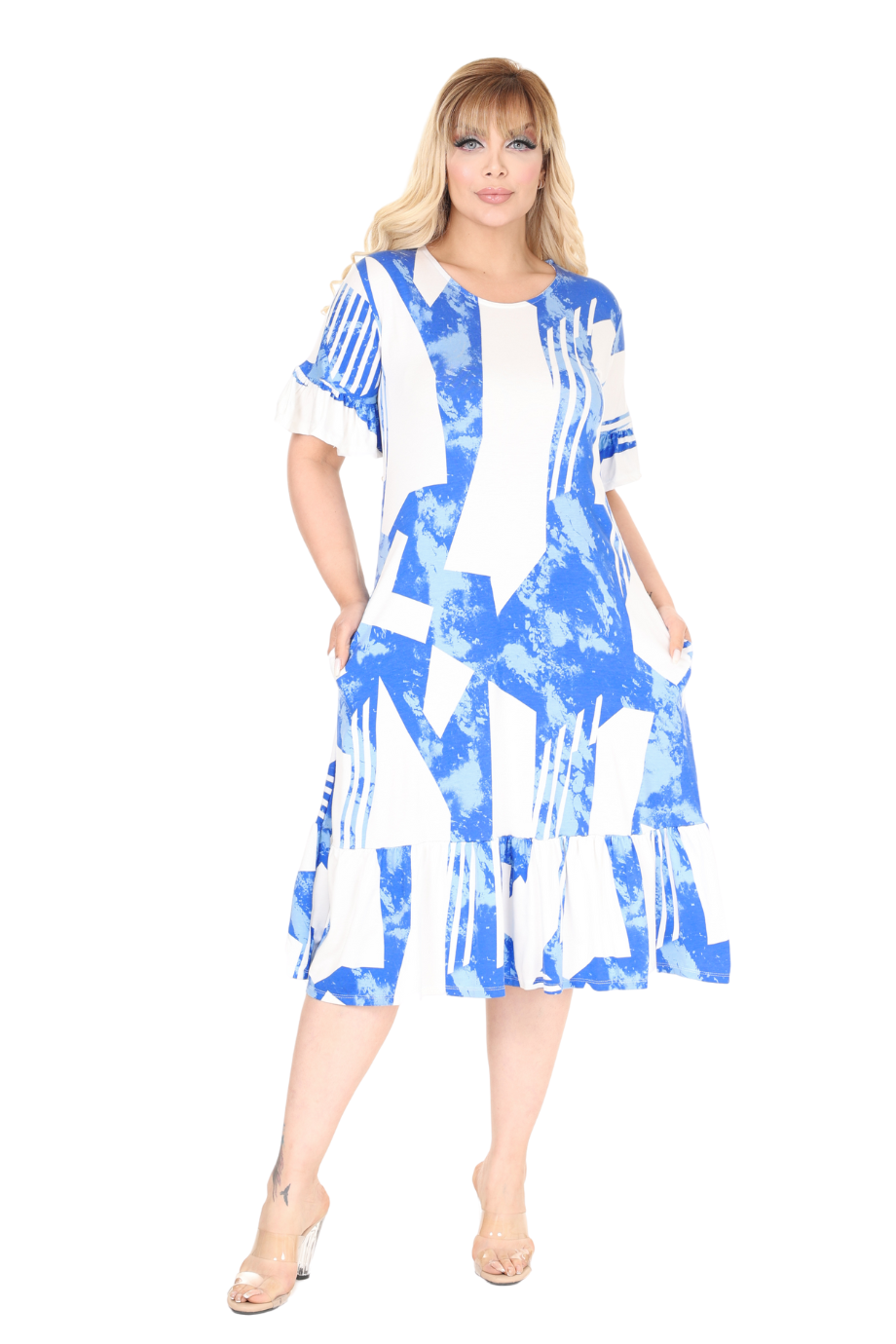 Melsay Butik Fırfırlı Mavi Vintage Desen Cepli Büyük Beden Elbise