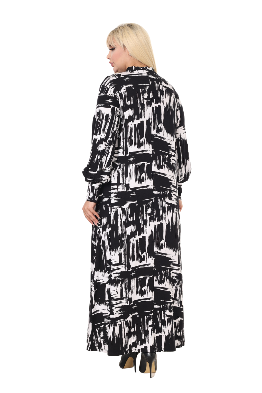 Melsay Butik Fularlı Beyaz Fırça Desen Uzun Kollu Büyük Beden Kadın Elbise