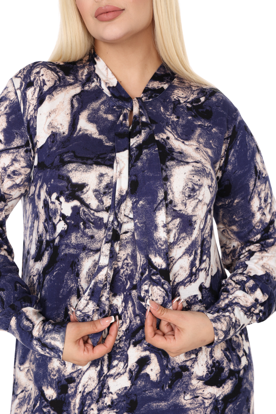Melsay Butik Fularlı Mavi Batik Desen Uzun Kollu Büyük Beden Kadın Elbise