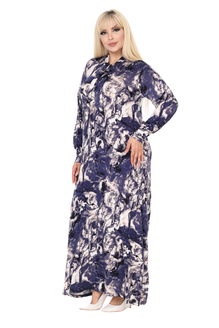 Melsay Butik Fularlı Mavi Batik Desen Uzun Kollu Büyük Beden Kadın Elbise