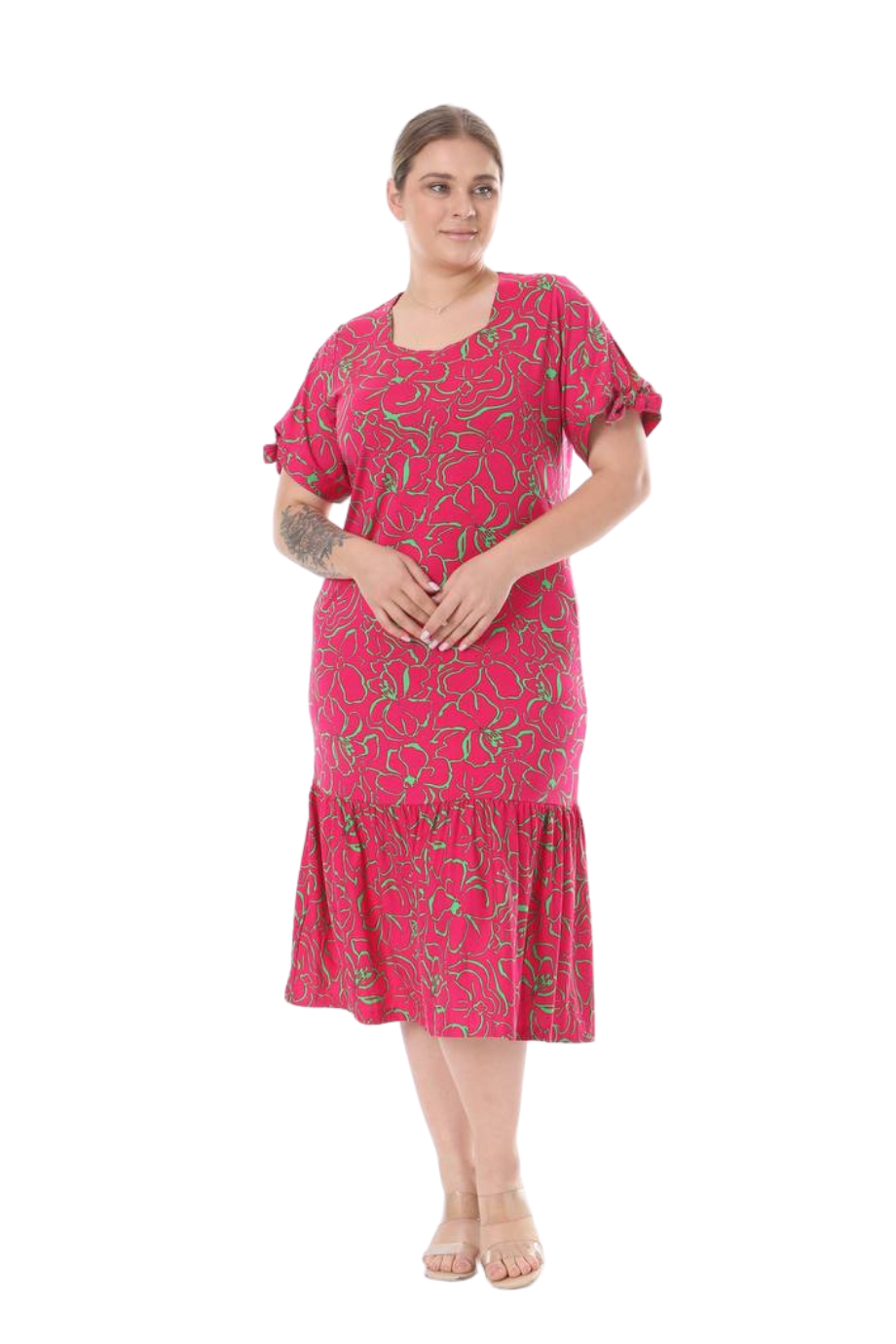 Melsay Butik Fuşya Çiçek Desen Kolları Bağlamalı Kısa Kollu Elbise