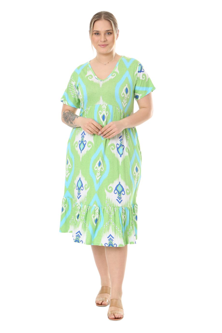 Melsay Butik Göğüsten Robalı V Yaka Kısa Kollu Yeşil Motif Desenli Cepli Elbise