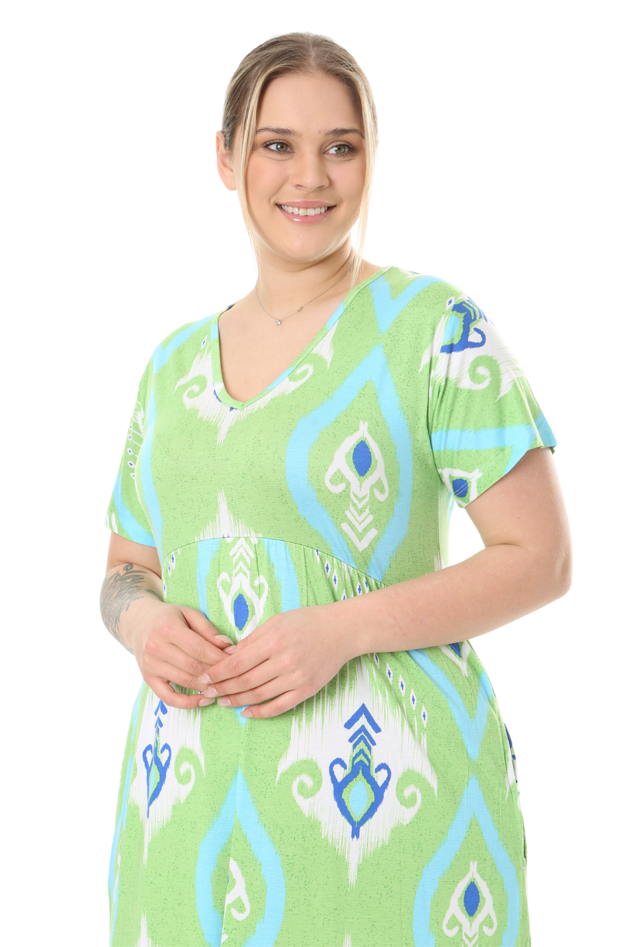 Melsay Butik Göğüsten Robalı V Yaka Kısa Kollu Yeşil Motif Desenli Cepli Elbise