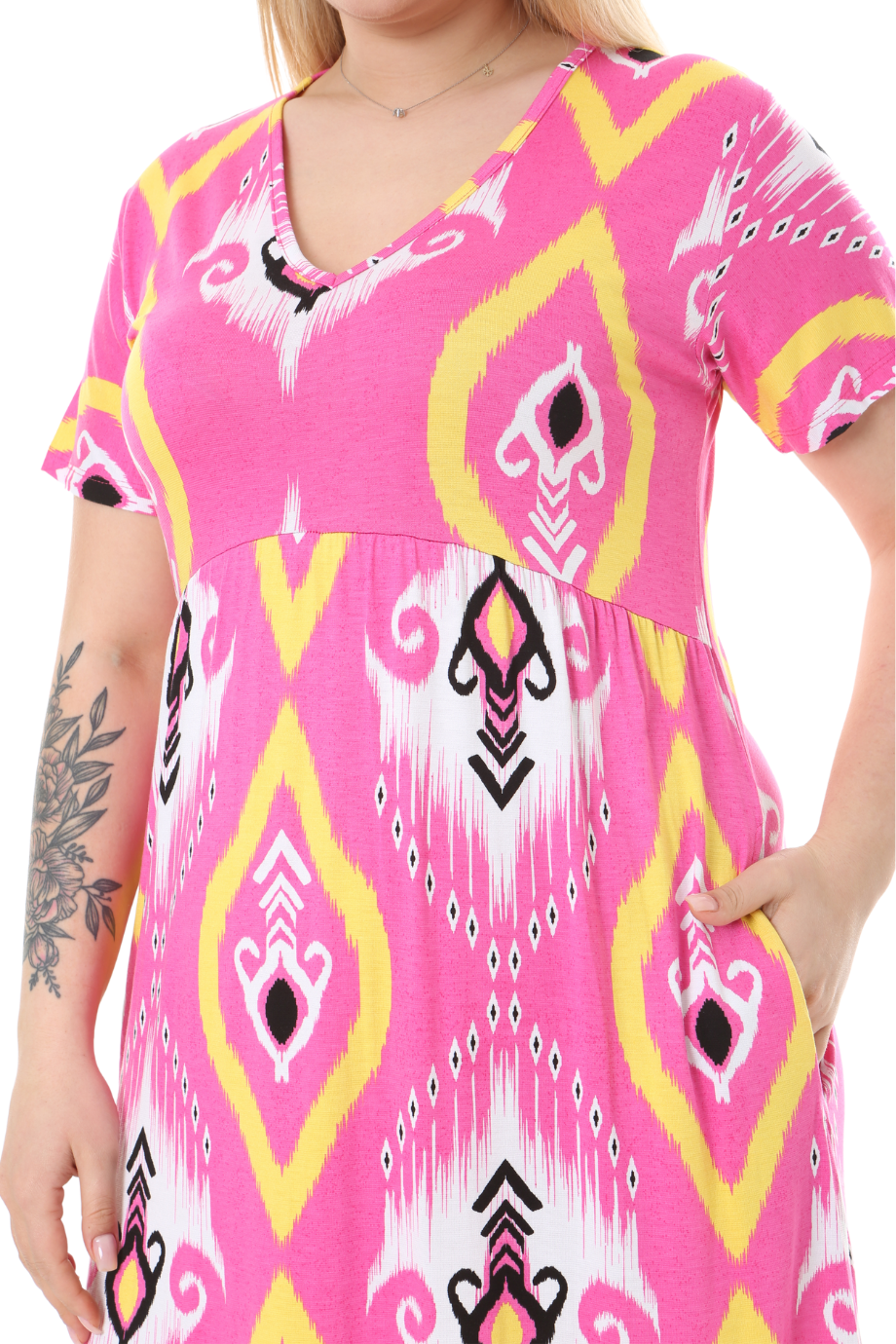 Melsay Butik Göğüsten Robalı V Yaka Kısa Kollu Pembe Motif Desenli Cepli Elbise