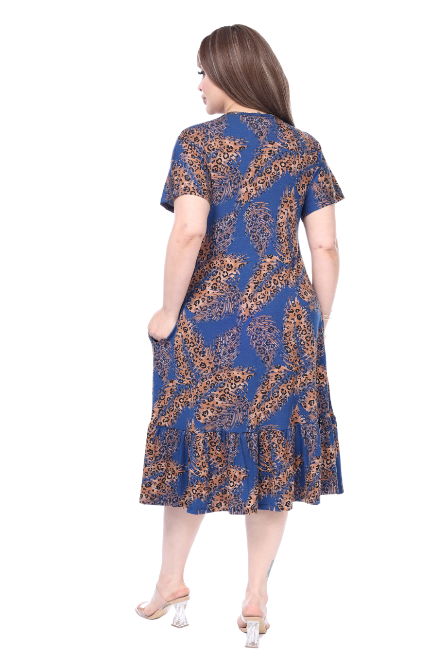 Melsay Butik Göğüsten Robalı V Yaka Kısa Kollu Lacivert Başak Desen Cepli Elbise