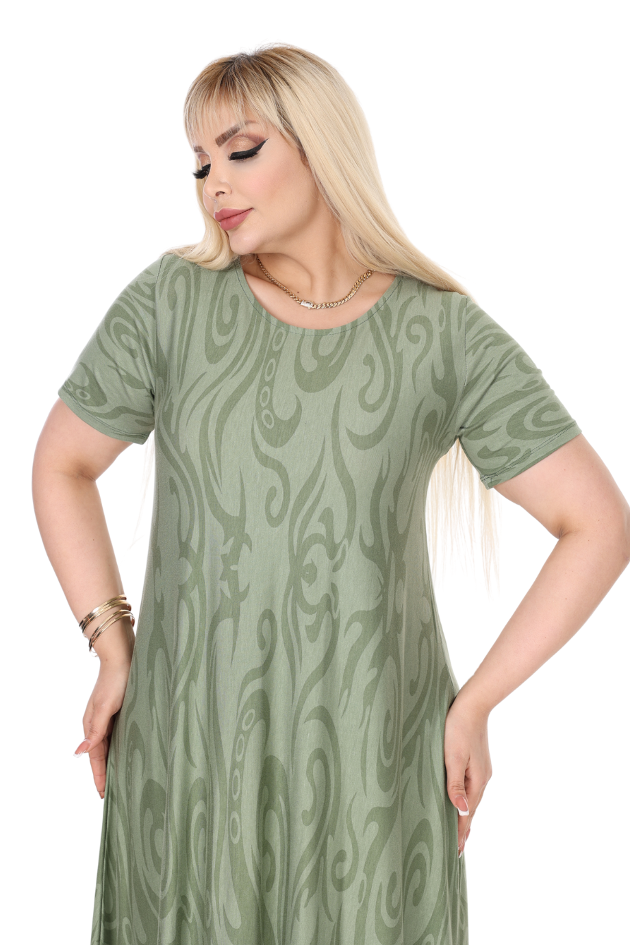 Melsay Butik Haki Eteği Çizgili Desen Asimetrik Kısa Kollu Elbise