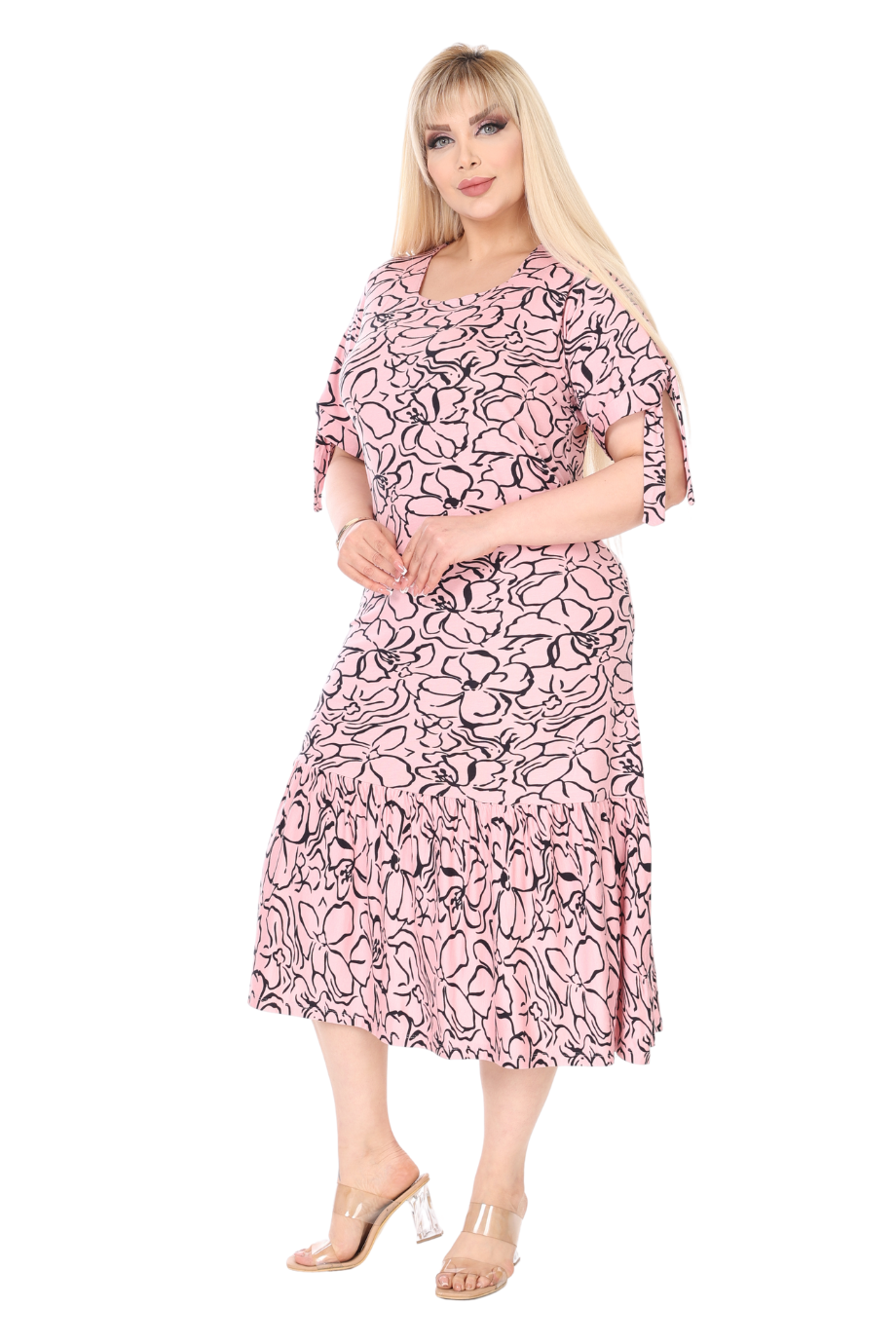 Melsay Butik İnci Pembesi Çiçek Desen Kolları Bağlamalı Kısa Kollu Elbise