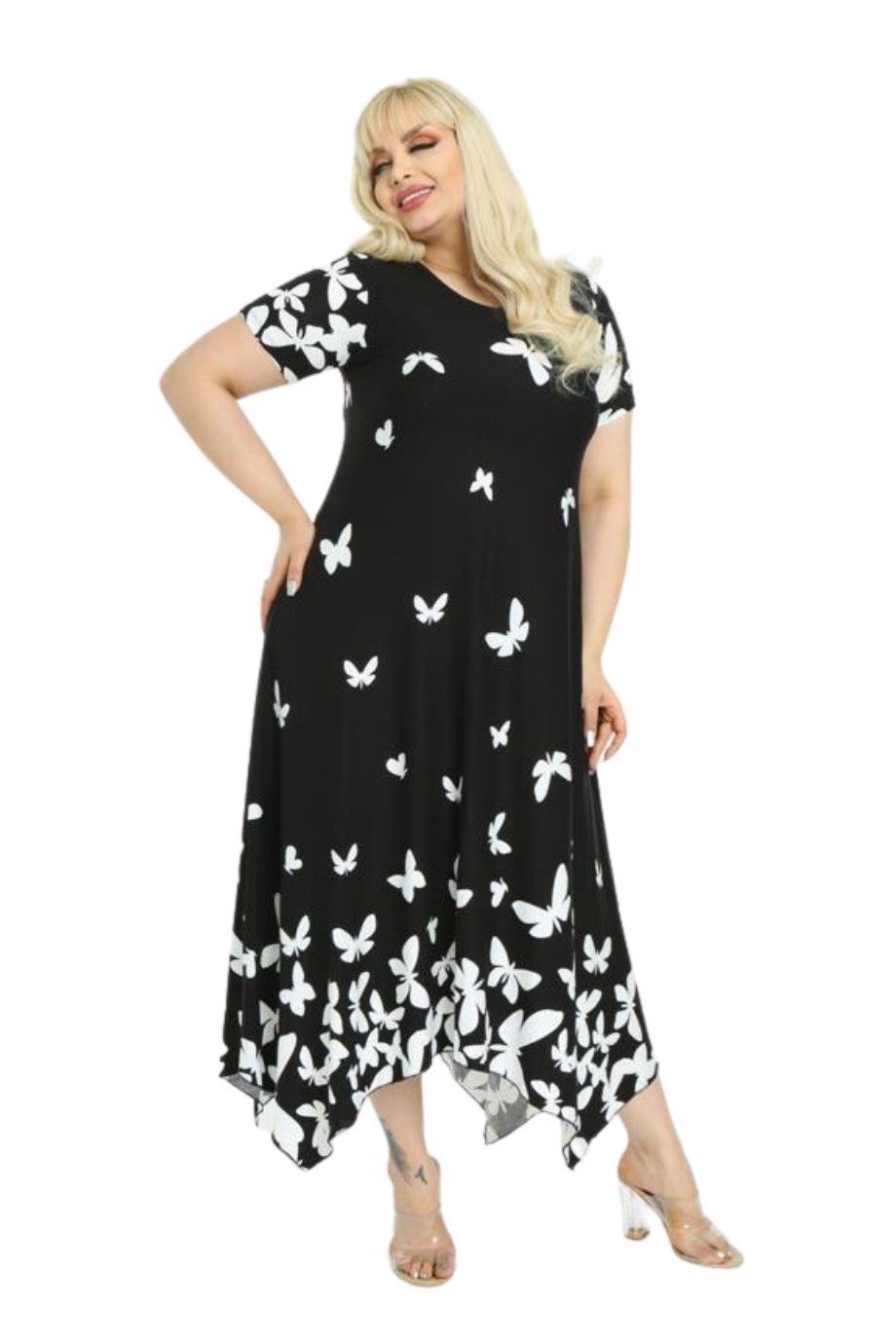 Melsay Butik Kelebek Desen Asimetrik Kısa Kollu Uzun Elbise