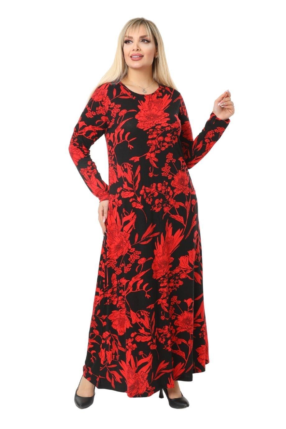 Melsay Butik Kırmızı Yaprak Desen Kollu Kadın Uzun Tesettür Elbise
