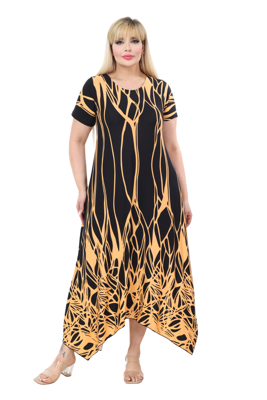 Melsay Butik Kısa Kollu Asimetrik Kesim Sarı Dalgalı Reflektör Desen Büyük Beden Elbise