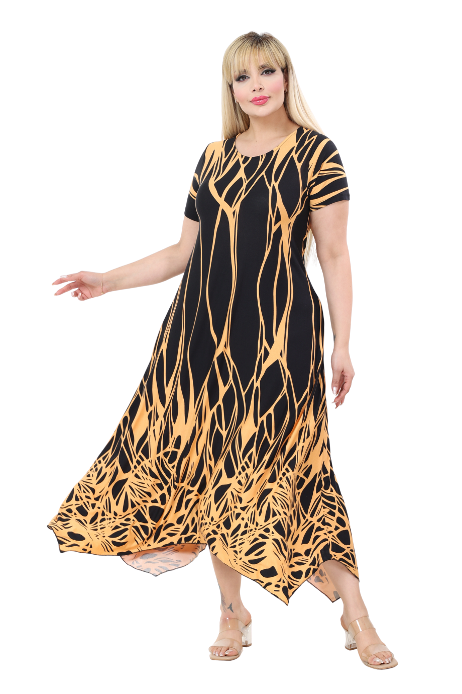 Melsay Butik Kısa Kollu Asimetrik Kesim Sarı Dalgalı Reflektör Desen Büyük Beden Elbise
