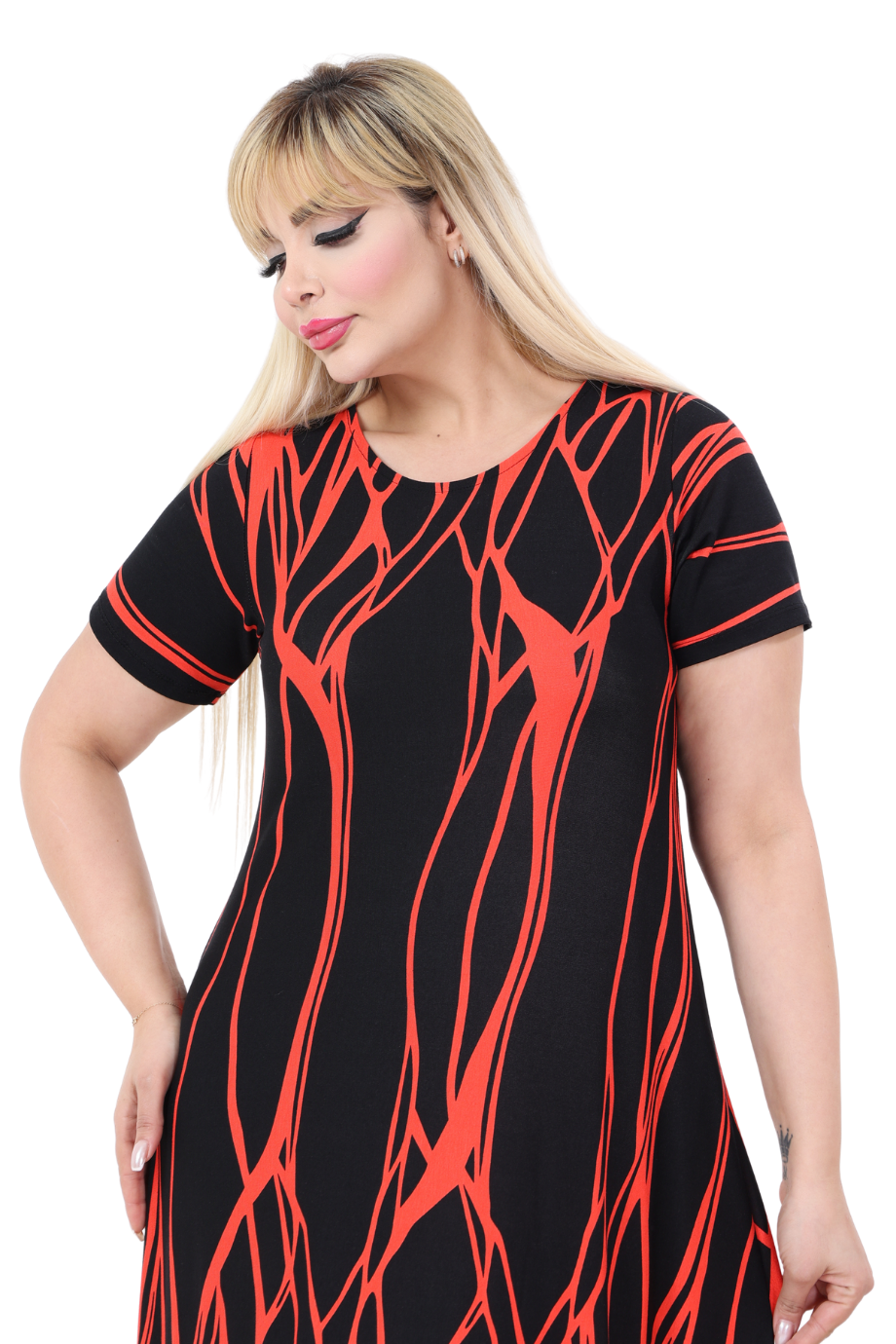 Melsay Butik Kısa Kollu Asimetrik Kesim Kırmızı Dalgalı Reflektör Desen Büyük Beden Elbise