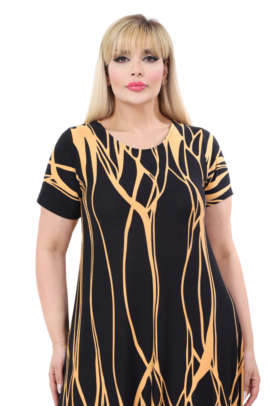 Melsay Butik Kısa Kollu Asimetrik Kesim Sarı Dalgalı Reflektör Desen Büyük Beden Elbise