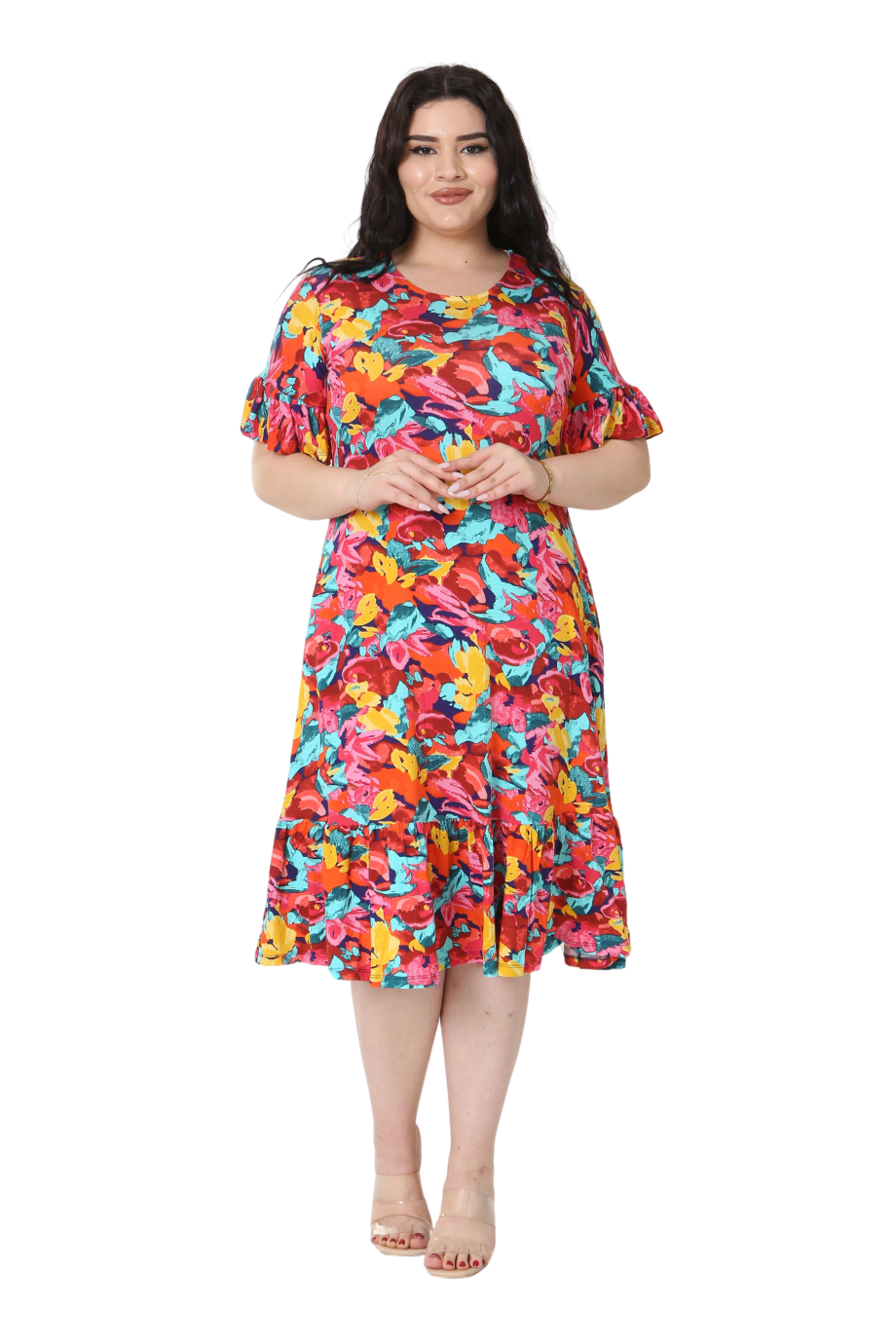 Melsay Butik Kısa Kollu Fırfırlı Cepli Sarı Gül Desenli Midi Elbise