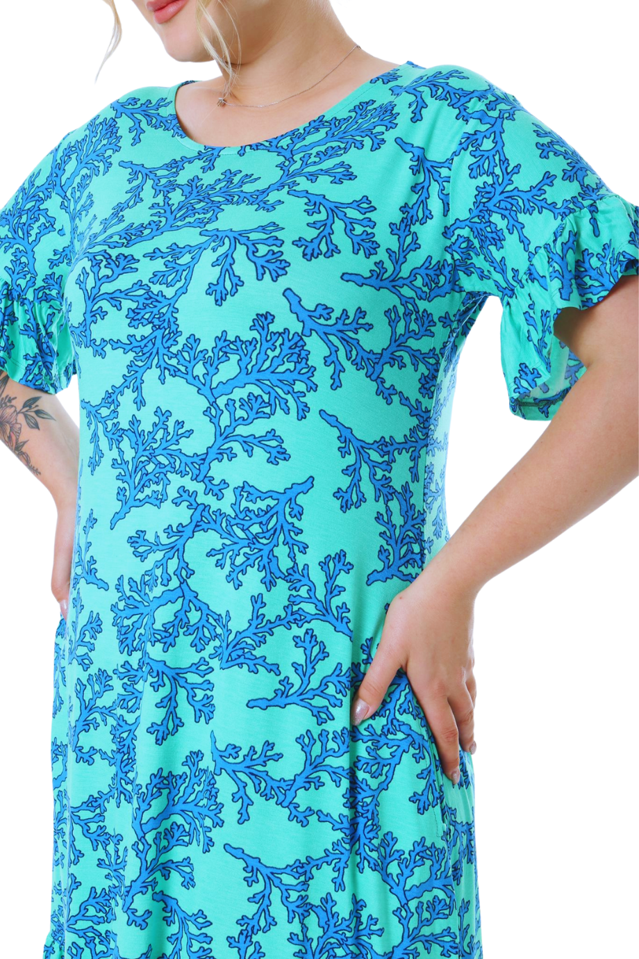Melsay Butik Kısa Kollu Fırfırlı Cepli Turkuaz Mercan Desenli Midi Elbise